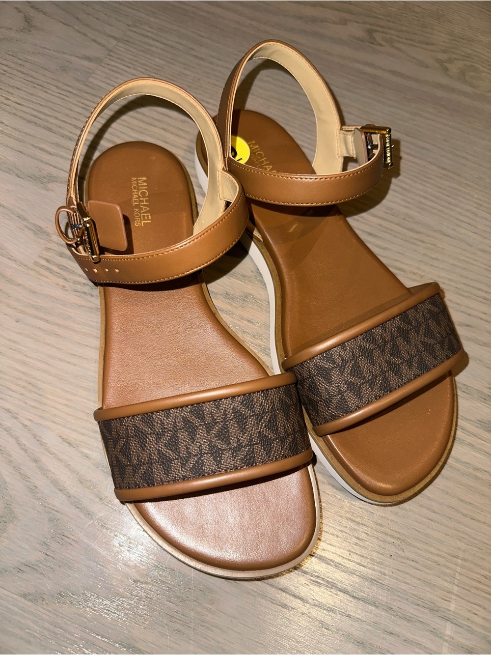 Michael Kors Tan and White Leather Slide Sandals